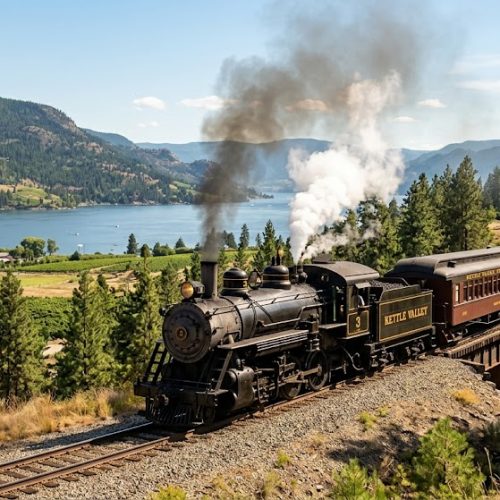 A historic black steam locomotive pulling vintage passenger cars across a bridge overlooking the scenic vineyards and lake of the Okanagan Valley in Summerland, BC.