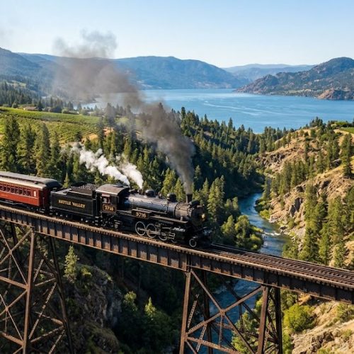 A historic steam locomotive crossing the high Trout Creek Trestle bridge, a highlight featured in our comprehensive Summerland Attractions Guide.