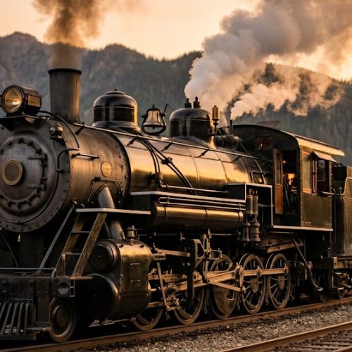 A historic black steam engine train on the tracks at a vintage station during a golden sunset, with smoke billowing from its stack against a backdrop of forested mountains